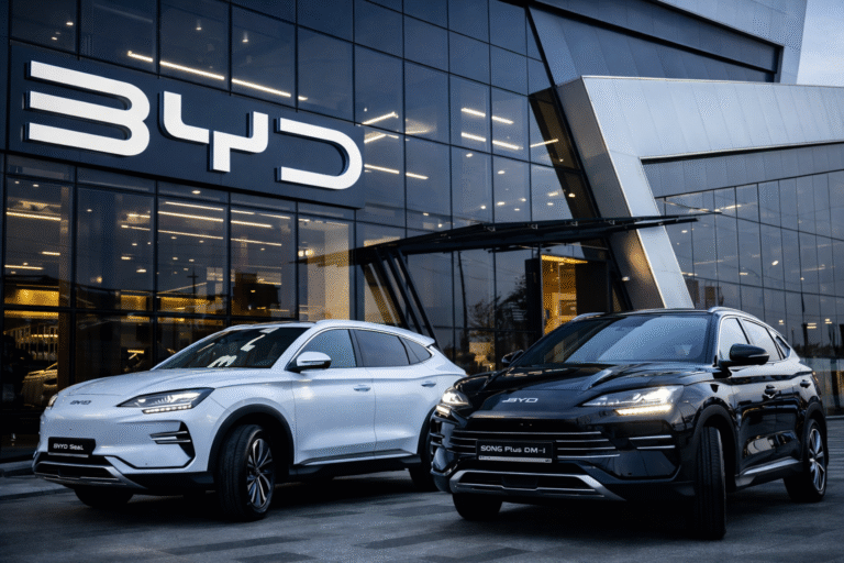 BYD electric vehicles displayed in Australia after earning 6.2 million credits under the New Vehicle Efficiency Standard.