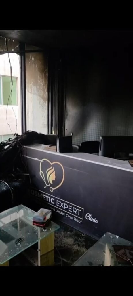 Firefighters work to control a blaze that destroyed Dr Salman Aesthetic Clinic in Islamabad’s Beverly Center.