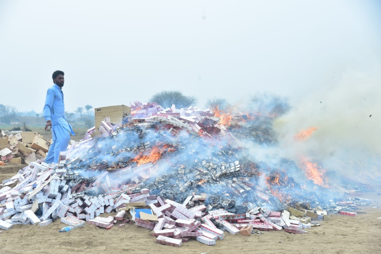 RTO Rawalpindi burns illegal cigarettes worth Rs30 million in Jhelum