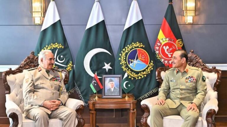 Libyan military chief Khalifa Haftar and PM Osama Hammad meet Field Marshal Asim Munir at GHQ in Rawalpindi.