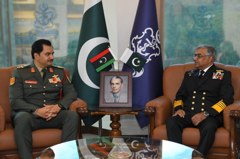 Libyan armed forces deputy chief meets Pakistan navy chief at Naval Headquarters in Islamabad.