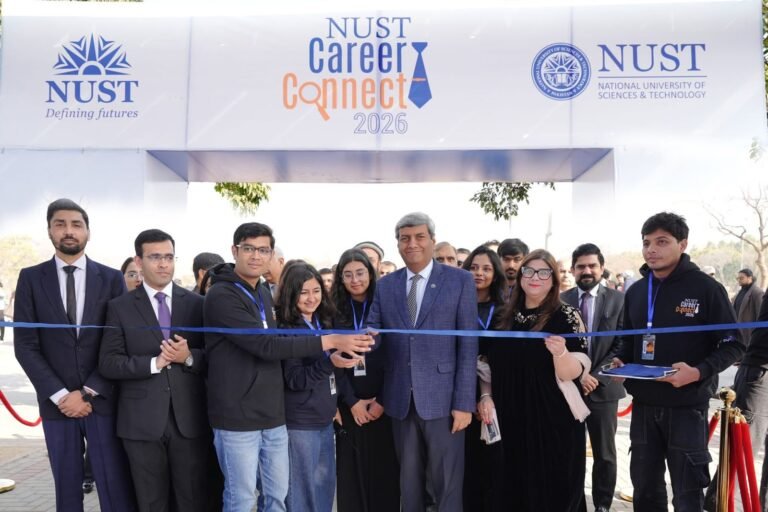Students interact with recruiters at NUST Career Connect 2026 career fair in Islamabad.