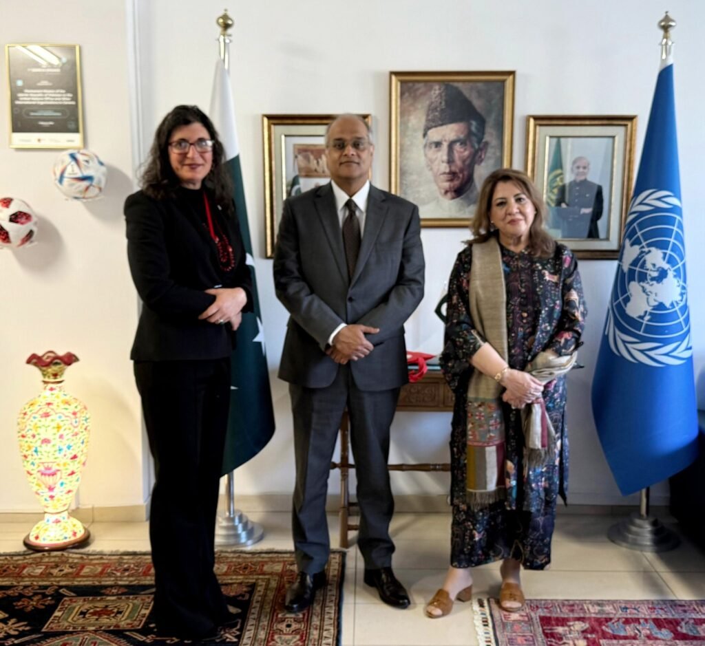 PRCS chairperson Farzhana Naek meets Pakistan’s UN envoy Bilal Ahmed in Geneva to strengthen humanitarian cooperation.