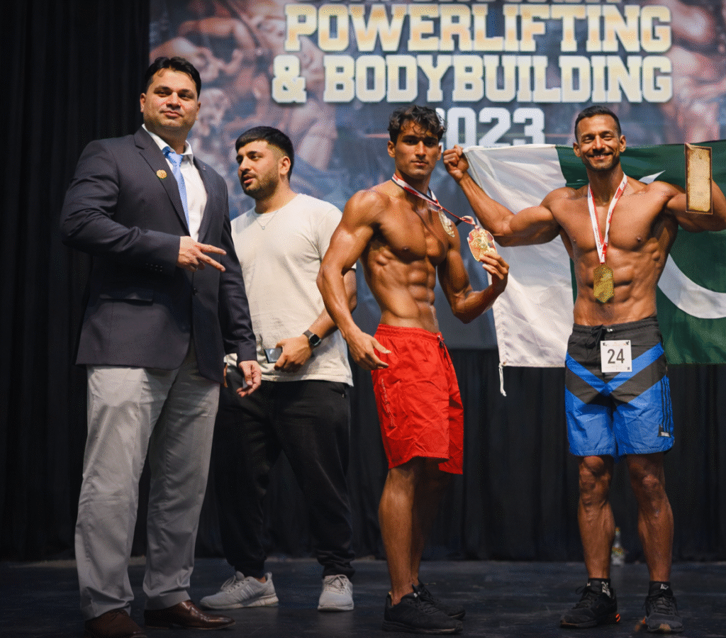 Pakistani athletes celebrate after winning three gold medals at the Global Powerlifting and Bodybuilding Championship in Dubai.