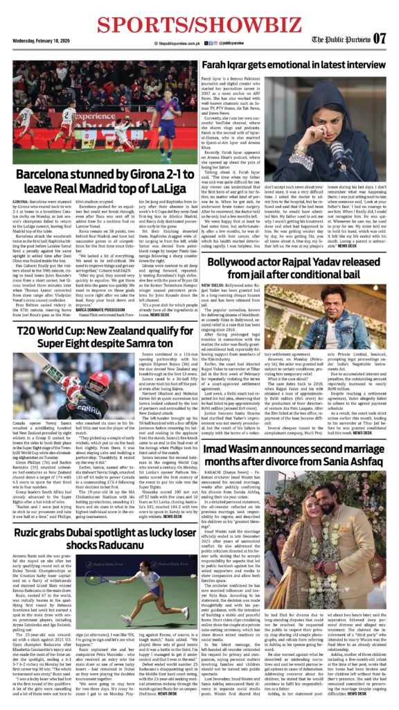 Sports/Showbiz 18-02-2026