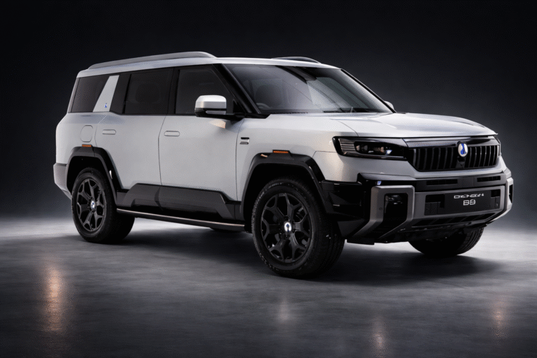 Denza B8 SUV displayed after receiving a five-star ANCAP crash test rating in Australia.
