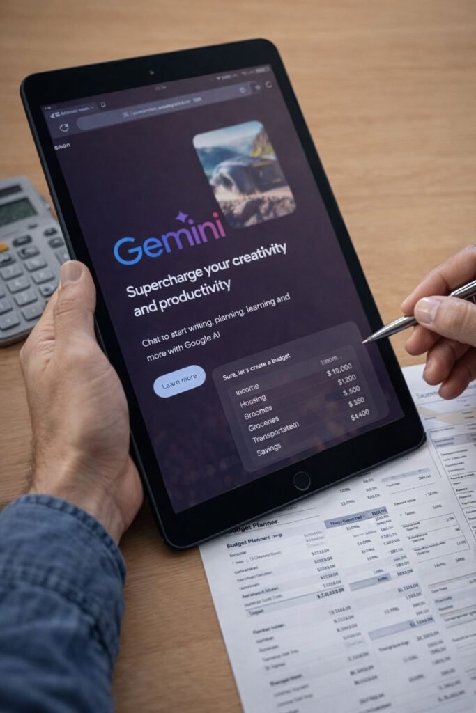 10 ways Gemini is being used as a budget planning tool in 2026 A user planning a household budget with Gemini displayed on a laptop alongside financial charts.