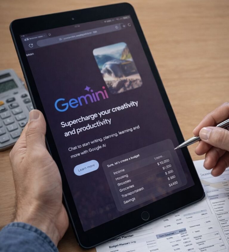 A user planning a household budget with Gemini displayed on a laptop alongside financial charts.
