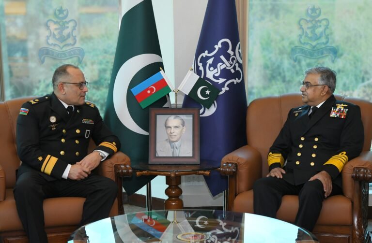 Azerbaijan Navy commander meets Pakistan Navy chief during an official visit to Naval Headquarters in Islamabad.