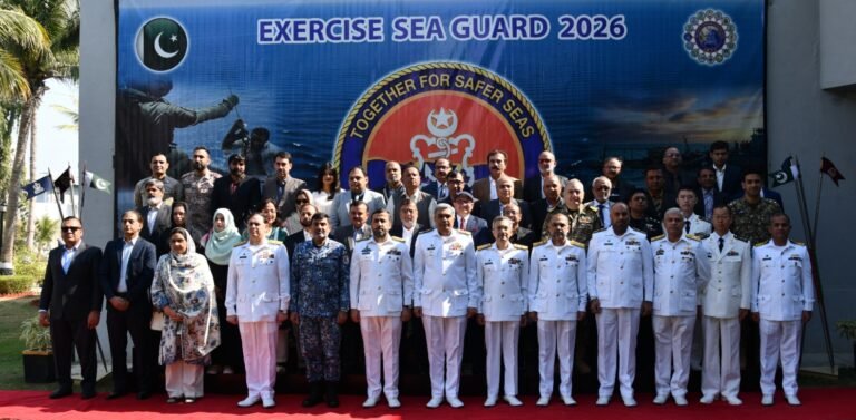 Pakistan Navy officials attend the opening of the Sea Guard–2026 maritime security exercise in Karachi.