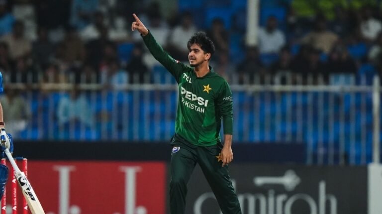Pakistan cricketer Saim Ayub celebrates after becoming the ICC No. 1 T20I all-rounder.