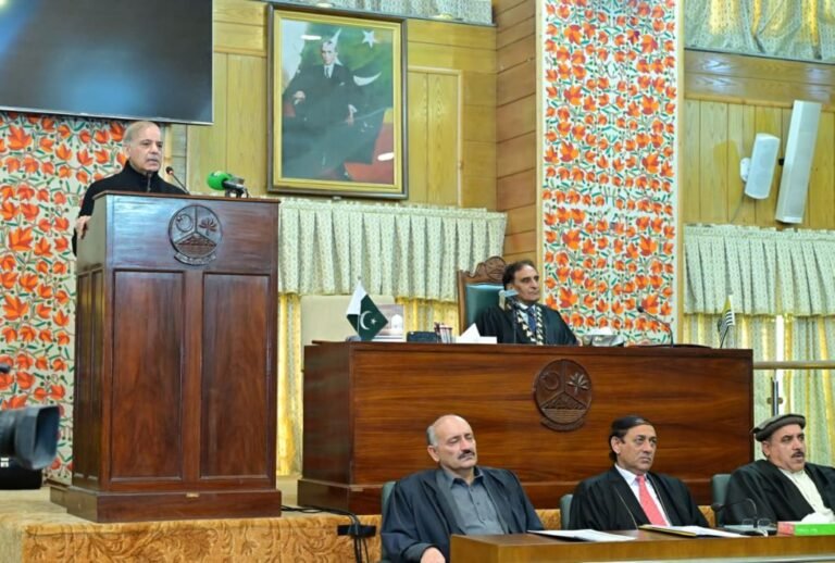 Prime Minister Shehbaz Sharif addresses the Azad Jammu and Kashmir Legislative Assembly on Kashmir policy.