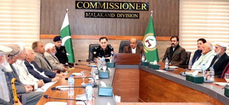 Swat Qaumi Jirga delegation meets Malakand commissioner and RPO in Saidu Sharif.
