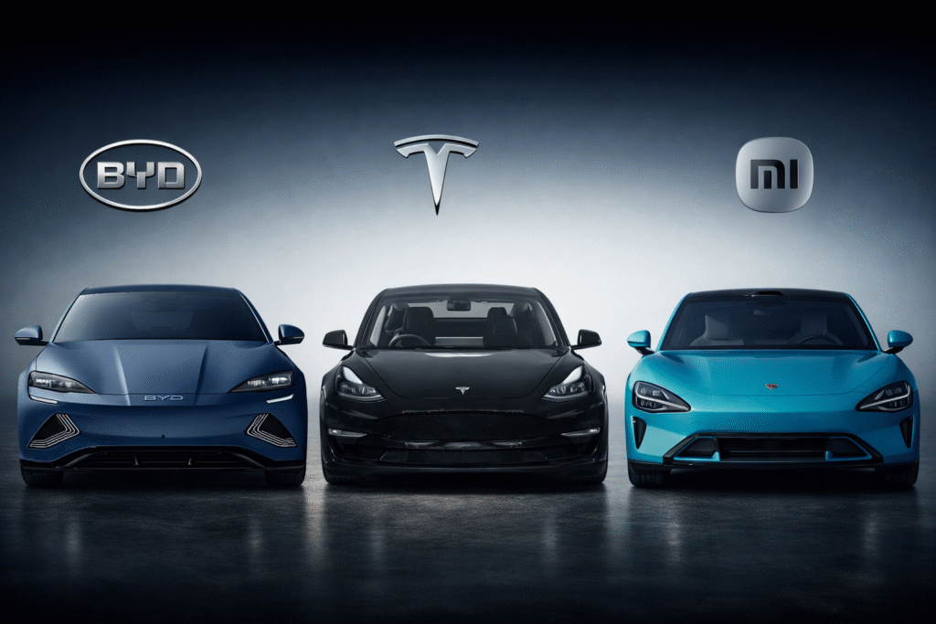 BYD, Tesla and Xiaomi vehicles displayed in China as automakers launch seven-year loans amid a 2026 sales slowdown.