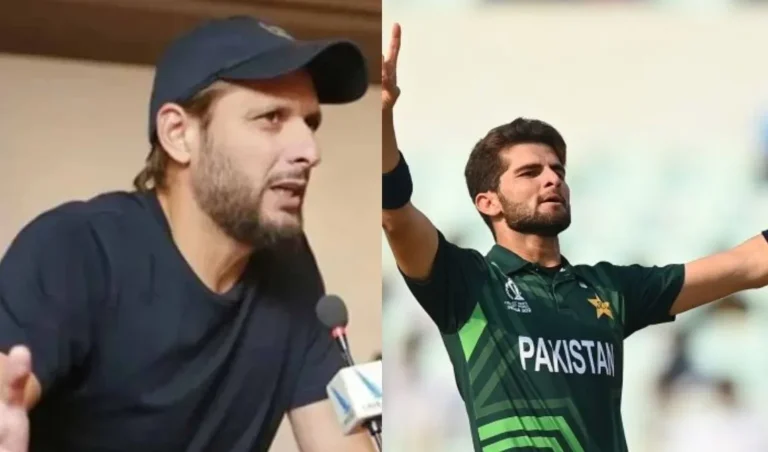 Shahid Afridi speaks during a TV interview about Shaheen Afridi’s T20 World Cup bowling performance.