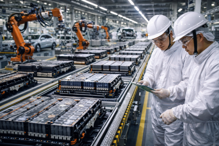 CATL and BYD electric vehicle batteries displayed at an auto exhibition highlighting growth in the global EV battery market.
