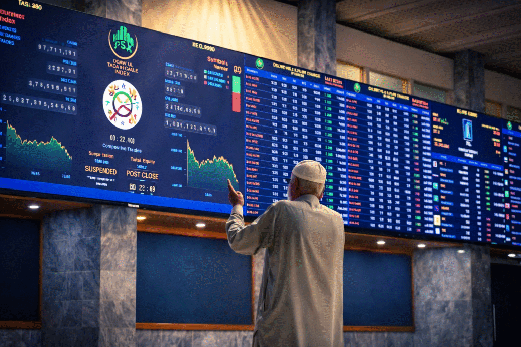 Pakistan Stock Exchange Surges Above 180,000 Points as Iran-US Tensions Ease Pakistan Stock Exchange building and rising market trend after KSE-100 Index crosses 180,000 points
