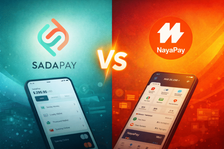 SadaPay vs NayaPay comparison showing features, fees, and usability for users in Pakistan