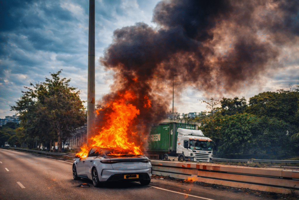 BYD Seal bursts into flames on Hong Kong road Damaged BYD Seal electric sedan after a fire incident on Tuen Mun Road in Hong Kong.
