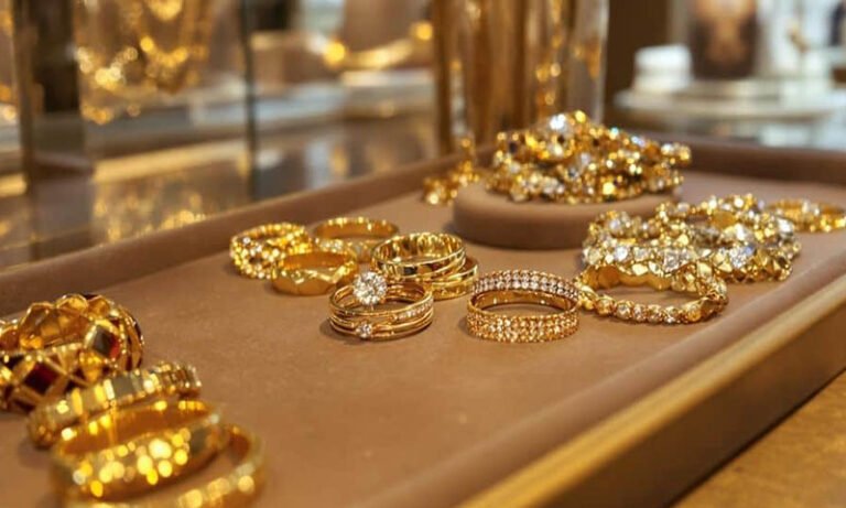 Gold jewellery displayed in a market as gold prices rise to a record level in Pakistan.