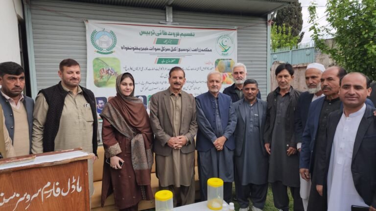 Farmers in Swat receive free fruit fly traps during a distribution ceremony at Kabal Farm Services Centre.
