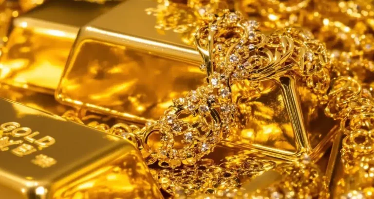 Gold jewelry displayed in a market as gold price in Pakistan rises following global bullion gains.