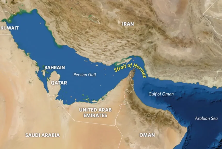 Strait of Hormuz shipping route where Iran reportedly began laying naval mines near a key global oil corridor.
