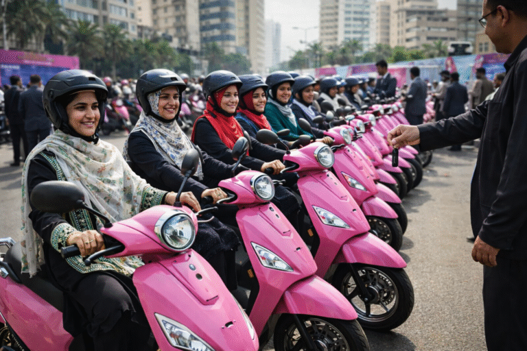 Women receiving pink electric scooters in Karachi as Sindh launches a mobility initiative for female riders.