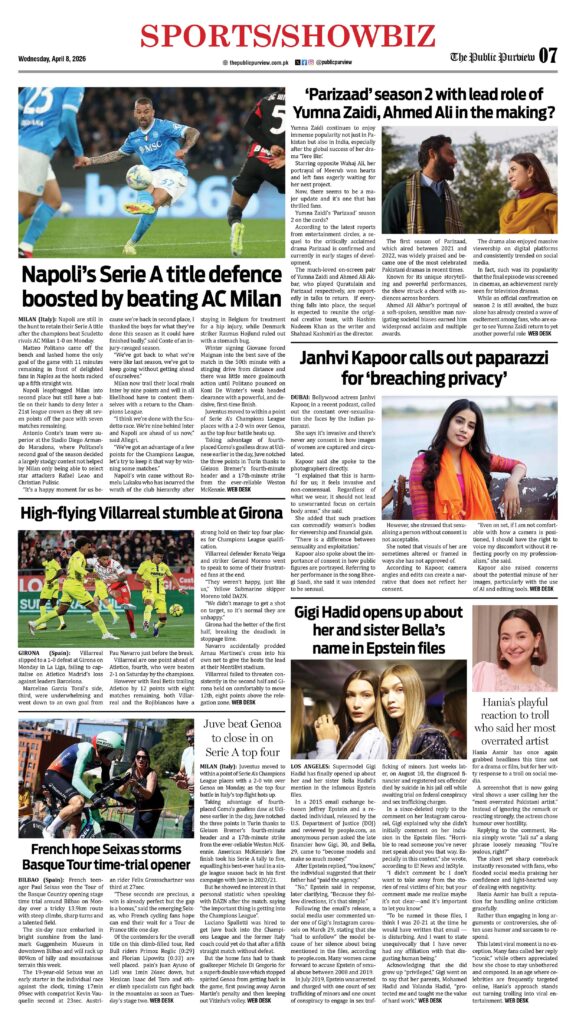 Sport/Showbiz 08-04-2026