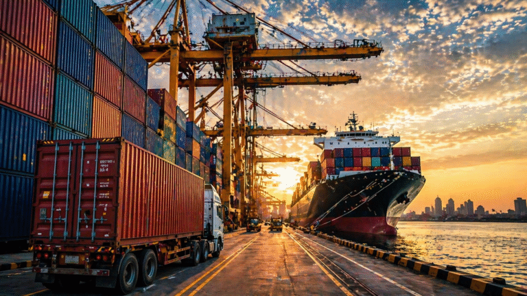 Cargo containers at port as Pakistan plans to remove trade barriers under Budget 2026-27.