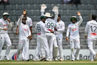 Taijul Islam celebrates a wicket during the Sylhet Test against Pakistan.