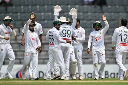 Taijul Islam celebrates a wicket during the Sylhet Test against Pakistan.