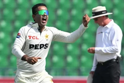 Pakistan spinner Noman Ali celebrates after reaching 100 Test wickets against Bangladesh