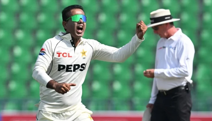 Pakistan spinner Noman Ali celebrates after reaching 100 Test wickets against Bangladesh