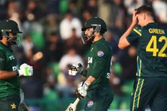 Pakistan and Australia players prepare for the opening ODI match at Rawalpindi Cricket Stadium.