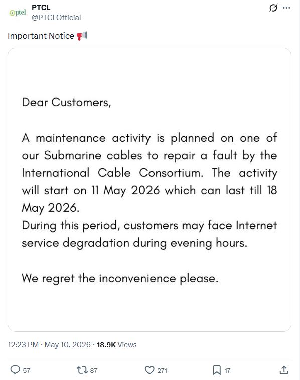 PTCL warns of internet slowdowns across Pakistan from May 11 to 18
