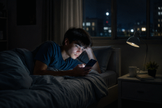 A teenager uses a smartphone late at night as studies warn about sleep deprivation and mental health risks.