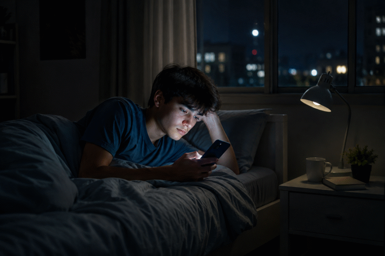 A teenager uses a smartphone late at night as studies warn about sleep deprivation and mental health risks.
