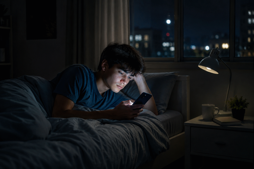 A teenager uses a smartphone late at night as studies warn about sleep deprivation and mental health risks.