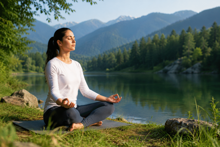 A person practises mindful breathing exercises linked to stress relief and improved mental health.