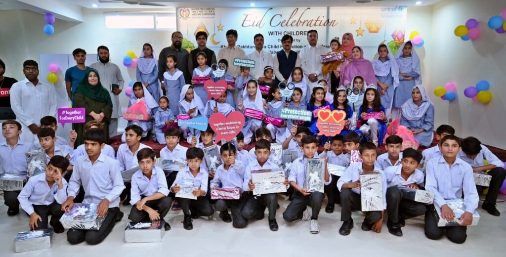 Vulnerable children attend an Eid celebration in Peshawar organized by the KP Child Protection and Welfare Commission.