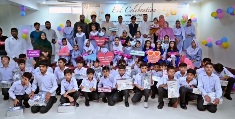 Vulnerable children attend an Eid celebration in Peshawar organized by the KP Child Protection and Welfare Commission.