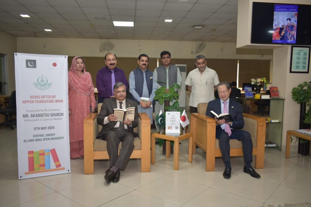 Japan donates books to AIOU as new Pakistan-Japan advancement center opens Japanese Ambassador Akamatsu Shuichi presenting books to Allama Iqbal Open University in Islamabad