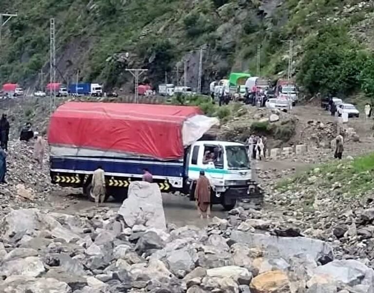 Landslide debris blocking the Karakoram Highway after heavy rains in Upper Kohistan