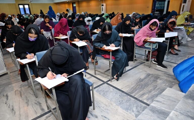Students appeared in the PMDC scholarship test for Class XI admission at centres in Peshawar and Mardan.