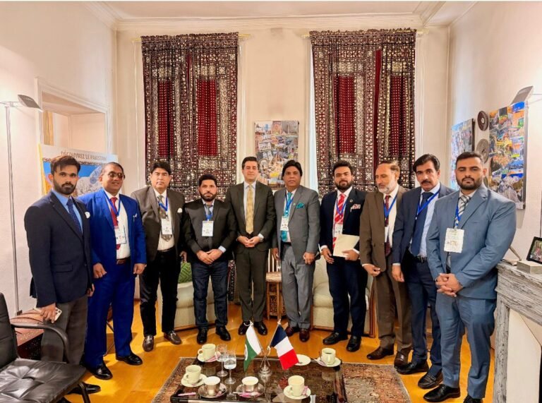 Pakistani business delegation meets officials at the Embassy of Pakistan in Paris during trade discussions.