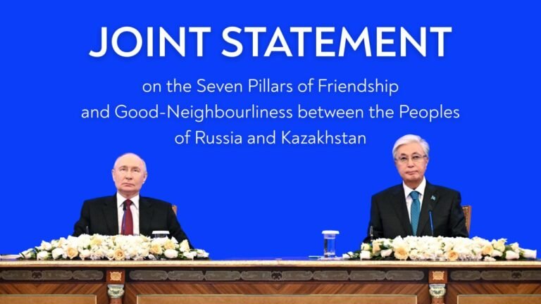 Russia, Kazakhstan outline seven pillars to strengthen long-term strategic partnership Russian President Vladimir Putin and Kazakh President Kassym-Jomart Tokayev discuss the seven pillars of Russia-Kazakhstan cooperation in Astana.