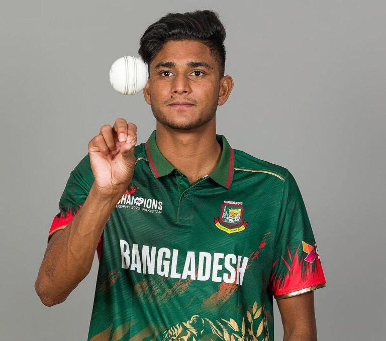 Bangladesh pacer Nahid Rana celebrates after winning the ICC Player of the Month award.