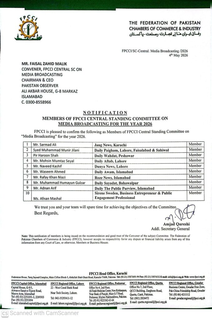 Adnan Arif appointed to FPCCI Central Standing Committee on Media Broadcasting
