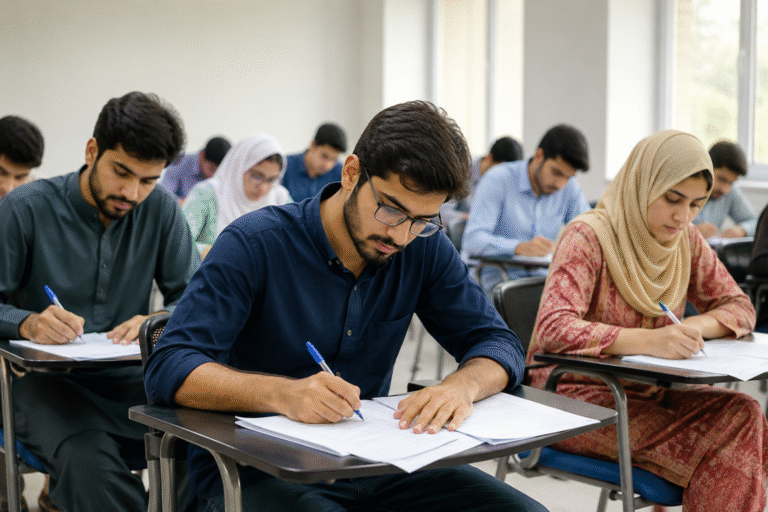 Students appear in an HEC-administered GRE/HAT test for MPhil and PhD admissions in Pakistan.